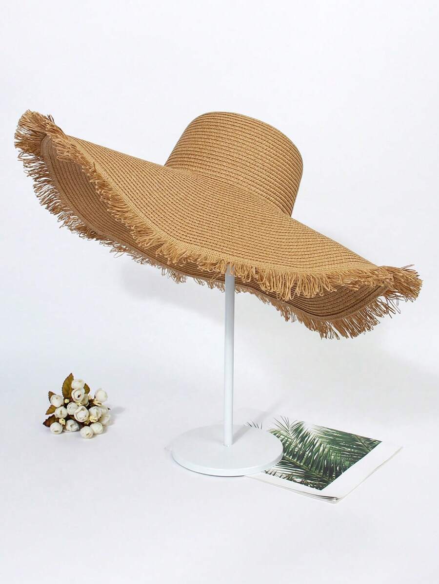 1pc Khaki Round Top Wide Brim Straw Hat, Summer Beach Vacation Sun Protection Outdoor - Straw Hat - View 1