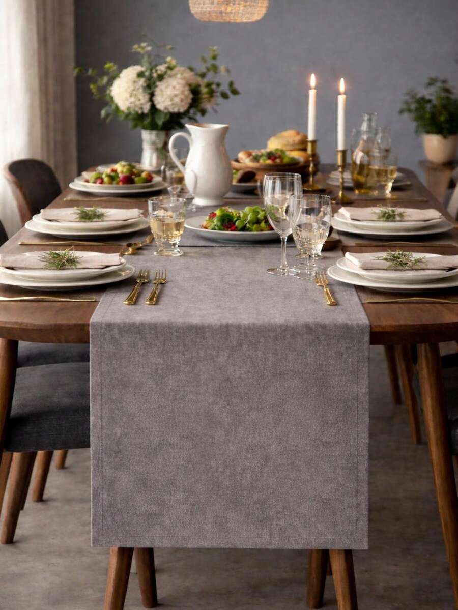 Soft Velvet Textured Stain Resistant Modern Table Runner - Minimal Dining Room Decor - Luxury Elegant Table Setting - Grey - View 1
