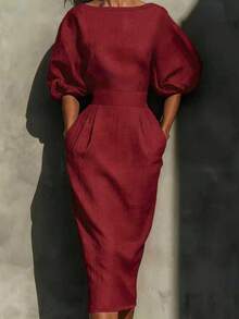 Elegant Casual Wine Red Round Neck Midi Dress, Side Pockets, Fitted Waist, Back Slit, Suitable For Party, Business Dinner, Wedding, Office And Daily Wear - Burgundy - View 5