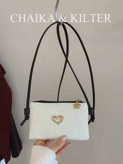 CHAIKA & KILTER 1pc Solid Color Corduroy Fabric Diagonal Shoulder Bag, Women's Casual Fashion Mini Envelope Bag, Square Bag With Heart Metal Decor, Zipper Closure, Adjustable Shoulder Strap, Suitable For Daily Shopping