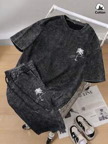 Hemo 男士街头风印花T恤短裤套装，弹力水洗黑色休闲沙滩度假两件套 - 黑色 - 查看 2