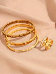 5件套优雅简约不锈钢手链+戒指，防褪色可水洗男女通用时尚配饰 - 金色 - 查看 6