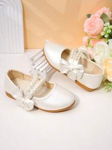 1 par de zapatos formales con cierre de gancho y bucle, antideslizantes, de cuero con perlas para niñas - Blanco marfil - Ver 4