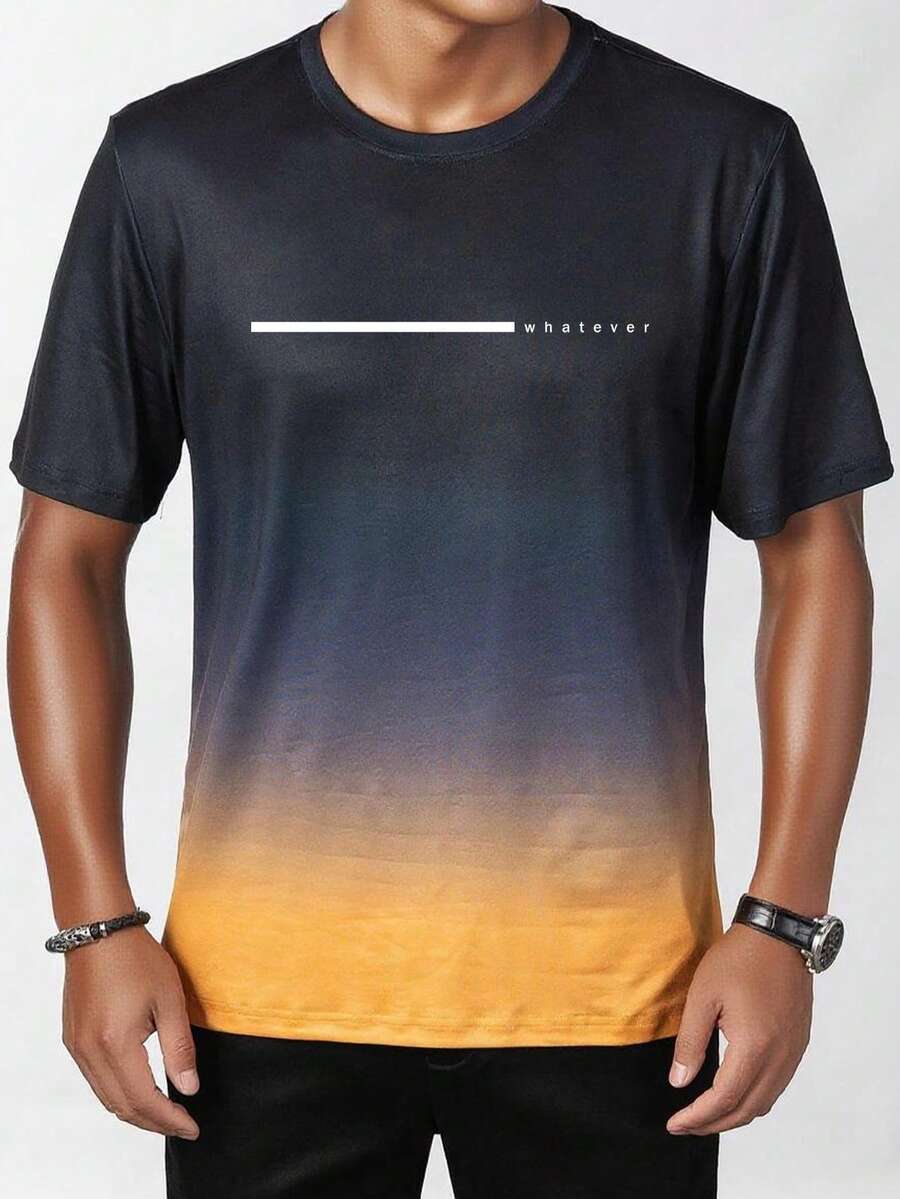 Ombre Men's Letter Print Crew Neck Casual T-Shirt - Yellow - View 1