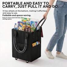 Bolsa de transporte de 60 litros con ruedas, plegable, carrito de compras práctico, reutilizable, con cremallera, ligero, se pliega plano, asa resistente y duradera, adecuado para compras, viajes y camping. - Negro - Ver 1