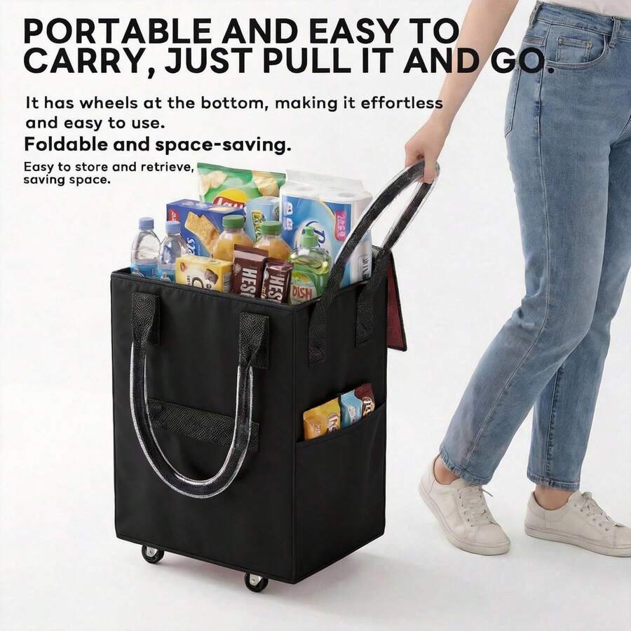 Bolsa de transporte de 60 litros con ruedas, plegable, carrito de compras práctico, reutilizable, con cremallera, ligero, se pliega plano, asa resistente y duradera, adecuado para compras, viajes y camping. - Negro - Ver 1