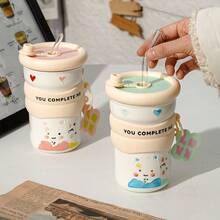 Cốc sứ 17oz có ống hút, thiết kế đôi với mặt dây chuyền, men tráng nổi tinh xảo, cốc cà phê/trà sữa phong cách Ins, tiện dụng cho gia đình/văn phòng/nhà hàng, an toàn khi sử dụng trong lò vi sóng và máy rửa chén, món quà lý tưởng cho bạn gái, sinh nhật, kỷ niệm. - Nhiều màu - Xem 5