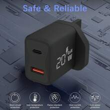 20W 双口 USB-A 和 USB-C 电源适配器，20W 快充插头，兼容 15/16/17/Pro/Air/S23/S22+/S21/Note 20/10/Pro/Pixel，包含 1.5 米充电线 - 黑色 - 查看 3