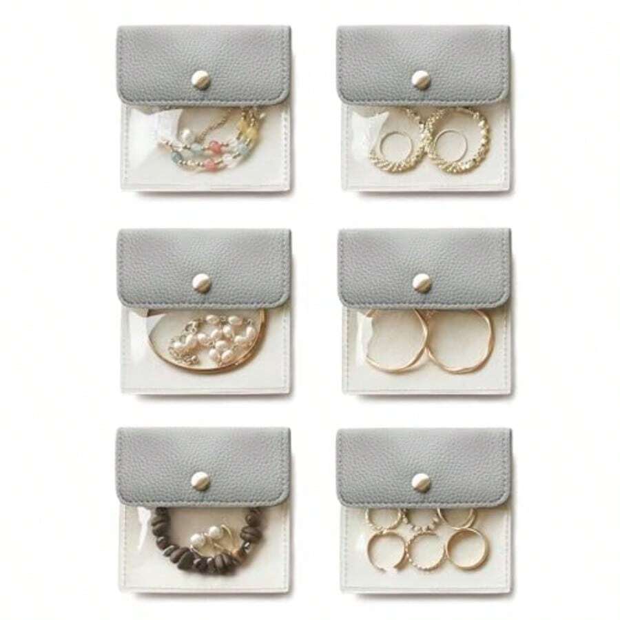 Popvibe - 6 bolsas de joyería transparentes pequeñas bolsas de joyería para viajes organizador de joyas portátil de viaje bolsa de almacenamiento para arete collar azul y gris - Azul y gris - Ver 1