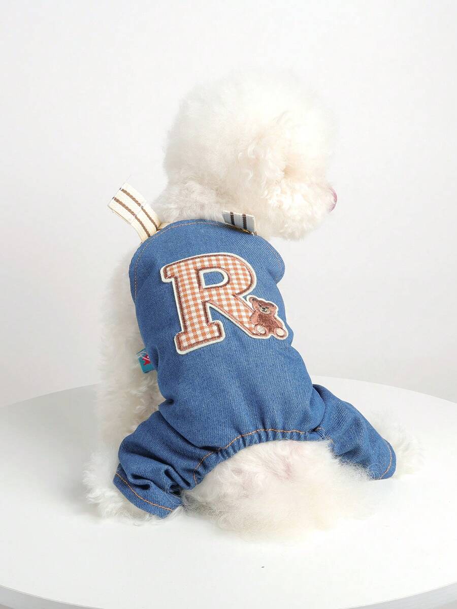 PETCIRCLE 1件宠物衣服，狗狗/猫咪套装，小型犬/幼犬休闲可爱舒适字母熊图案配套裤子 - 藍色 - 查看 1