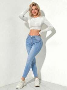 Pantalón Ajustado Negro de Talle Alto: Silueta Ceñida y Botonadura Frontal Decorativa, Denim Elástico para un Ajuste Cómodo. - Celeste H2VA36 - Ver 2