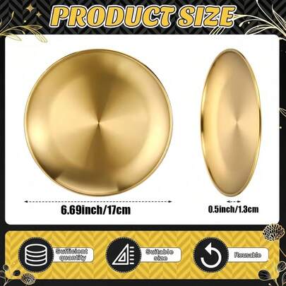 1个6.6英寸不锈钢金色甜点盘，可作沙拉盘、迷你披萨盘、烤盘、小吃盘、自助餐盘、烧烤盘、意面盘、肉类盘、坚果盘、糖果盘、水果盘等，可重复使用且易于清洁，适用于家庭、派对、餐厅等场合。也可用作开胃菜盘、餐具盘、厨房用具、展示盘、餐盘、甜点盘等，情人节适用。