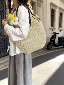  Boho Hollow Out Woven Straw Tote Bag With Contrast Trim, Large Capacity Beach Bag For Vacation & Daily Use - White - View 5