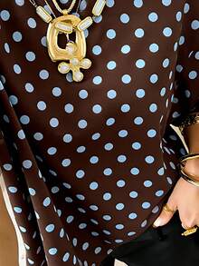 Áo thun nữ màu trơn chấm bi, thanh lịch, cổ điển, đa năng, kiểu Pháp, thích hợp mặc đi làm, đi nghỉ mát, đi biển, áo thun nữ tay ngắn cổ tròn. - màu nâu - Xem 4