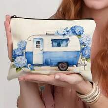 1 pieza Bolsa de maquillaje con estampado floral de caravana vintage - Estuche de cosméticos de viaje de acuarela "Happy Campers" organizador portátil de lona con cremallera para mujeres, niñas y amantes del camping - Multicolor - Ver 14