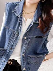 2026 Short Sleeveless Denim Vest Jacket For Women, Vest, Shoulder Guard, Outerwear Top - 藍色 - 查看 2