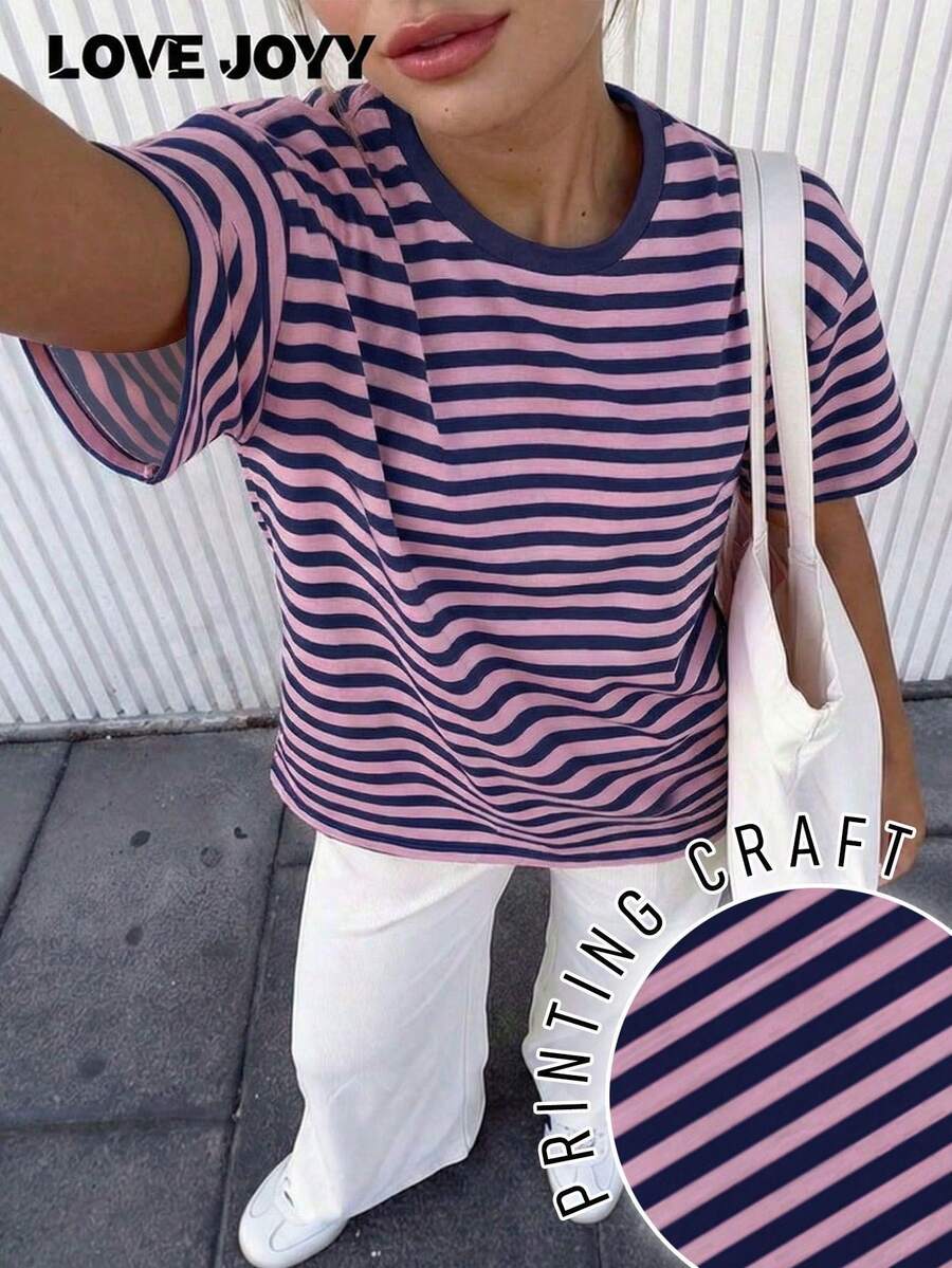 Áo thun nữ LOVE JOYY kiểu dáng nghỉ dưỡng, họa tiết kẻ sọc, cổ tròn, tay ngắn, dáng rộng, mẫu bán chạy cho mùa xuân và hè.