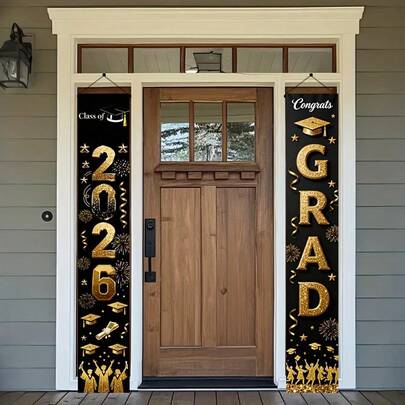 AFYPRTY 1 Set 180cm X 30cm Quality Polyester Graduation Porch Banners, Black And Gold Glitter Design With Grad Cap Diploma Class Of 2026 & Congrats Grad Sign, Vertical Hanging Door Signs For Front Porch, Entryway, Patio, Graduation Party And Ceremony Decorations