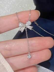 1pc S925 Sterling Silver Elegant Zirconia Butterfly Tassel Necklace, Versatile & Graceful Daily Wear Gift For Women - Silver - View 3