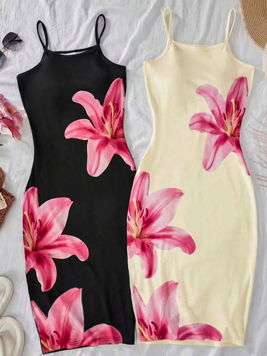 Set de 2 vestidos midi ajustados con estampado de flores de lirio en estilo retro y casual para vacaciones de niñas preadolescentes, primavera/verano - Multicolor - Ver 1