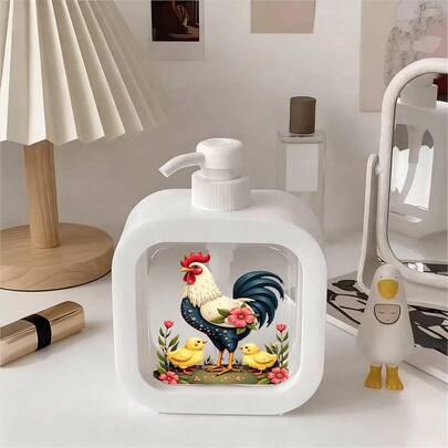 1个可重复灌装洗发水瓶，带手动按压泵 - 公鸡和小鸡花卉图案，可爱装饰，适用于浴室、厨房和旅行 - 可装液体皂、洗手液、沐浴露等 - 创意乳液瓶，浴室配件