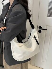 Túi đeo vai chống thấm nước bằng nylon màu trơn thời trang, kiểu dáng tối giản thường ngày dành cho sinh viên, với quai đeo rộng, thiết kế nhiều khóa kéo, phù hợp cho sinh viên, đi mua sắm và sử dụng hàng ngày. - trắng - Xem 5