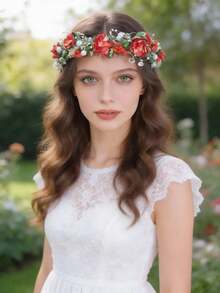 1pc Handmade Bride Red Flower Headband, Romantic Pink Princess Daisy Hair Accessory, Wedding Bridal Hair Decoration Gift - Red - View 3