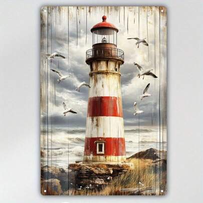 1pc Vintage Coastal Metal Plaque Wall Decor - Seagull & Lighthouse Country Style, Easy To Hang, Reusable Iron Frame, Durable Nautical Theme Art, Suitable For Home, Office Or Beach House, Ocean Style Home Decor, Distressed Appearance