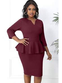 Plus Size Vintage Peplum Pencil Dress For Work Or Church - 酒紅色 - 查看 2