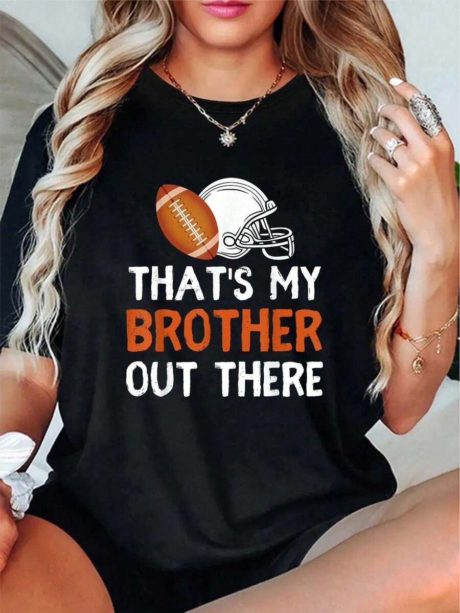 Camiseta Unisex 100% Algodón con Estampado 'Ese es mi hermano ahí fuera', para amantes del fútbol, divertida para jugadores, Camisetas gráficas para mujer - Camiseta de manga corta estampada. - Negro - Ver 1