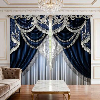 2pcs Elegant Blue & White Lace Pattern High-Definition Digital Printed Decorative Curtains, Translucent Polyester Fabric, Fade-Resistant. Suitable For Home Curtains And Household Use. Hand-Washable And Machine-Washable, Rod Pocket Hanging Design, Ideal For Bedroom And Living Room Decoration.