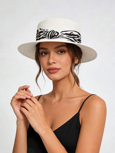 1顶时尚新款女士草帽，休闲涤纶纤维户外帽，适合旅行、聚会、通勤等场合