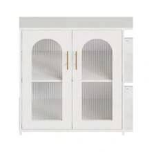 39.4in armario buffet de aparador con estante de almacenamiento, armarios de almacenamiento de madera con 2 puertas de vidrio, dos manijas de metal dorado, moderno armario de aparador para comedor, sala de estar, cocina, entrada, pasillo - Blanco - Ver 7