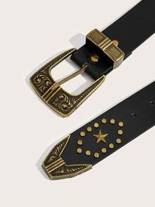Dernière ceinture pour femmes, mat noir, boucle sculptée, rivets en forme d'étoile à cinq branches, rivets à pois, style western, compétition de cow-boy, punk du millénaire moto vintage, solide décoration de taille - Noir - Voir 4