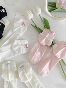 1双可爱蝴蝶结短袜，女士轻薄透气网眼镂空短袜，芭蕾舞鞋款式，夏季 - 彩色 - 查看 4