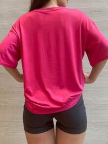 Kaos Olahraga Lengan Pendek Warna Hitam Polos Kasual Longgar - Hot Pink - View 6