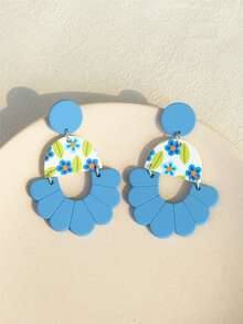 1对女士几何海军蓝叶子和花卉印花陶瓷纹理镂空亚克力优雅可爱耳环 - 彩色 - 查看 4