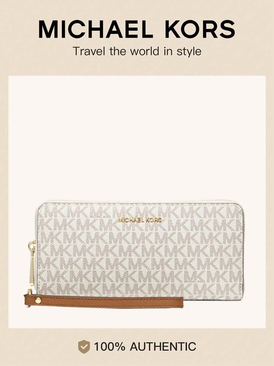 Michael Kors MK Jet Set Monogram Ultra Slim Thin Women Wallet RFID Blocking Credit Card Holder Bifold Long Ladies Billfold Zipper Around Wallet - White - View 1