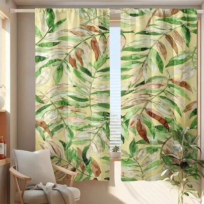 2PCS Fresh Watercolor Green & Brown Leaf Printed Curtains, Cascading Botanical Branches With Vibrant Green & Warm Brown Hues On Soft Pale Yellow Background, Natural Rustic Botanical Design, 100% Polyester Rod Pocket Drapes, Unlined, Ideal For Bedroom, Living Room & Nature-Inspired Home Decor