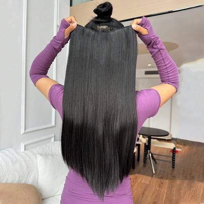 Extensiones de cabello sintético de 24 pulgadas en un solo pedazo, estilo rizado en V, postizos con clip para mujeres