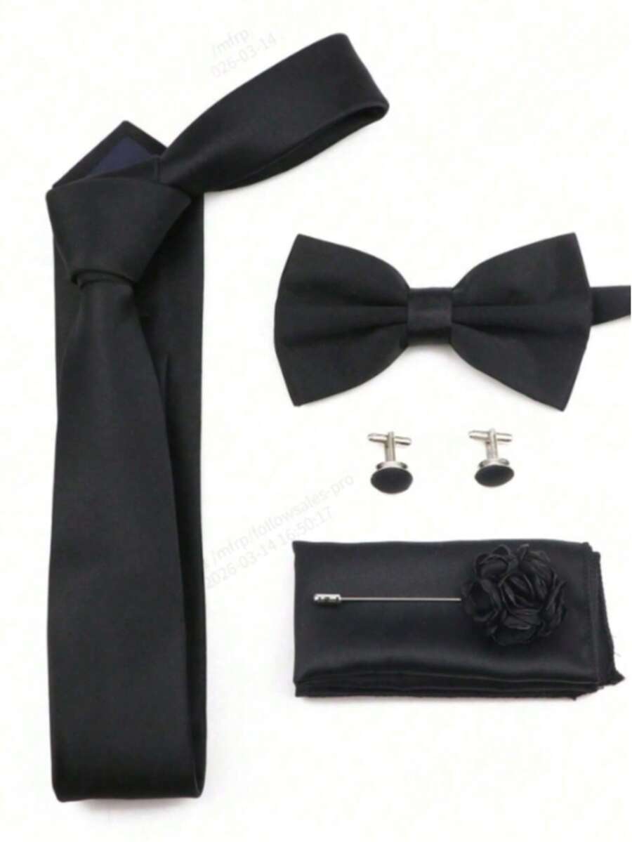 5pcs/Set Groomsmen Wedding Tie Set, Including Tie, Bow Tie, Pocket Square, Boutonniere, Cufflinks, Fashionable Outfit - Black - View 1