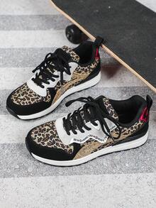 Elementos de Estampa de Leopardo Personalizados, Tênis Esportivos e de Caminhada Casuais para Adolescentes, Sola de TPR Antiderrapante e Durável, Tênis de Academia Estilo Europeu e Americano Jovem, Tênis para Trilha - Multicolorido - Visão 2