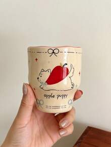 290毫升复古手工苹果小狗陶瓷杯，防滑杯，咖啡杯，拿铁杯，家用下午茶杯，节日礼物叠放杯，优雅法式花卉杯，牛奶杯，马克杯 - 彩色 - 查看 5