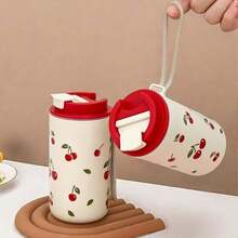 1pc 350/400ml Cute Cherry Pattern Plastic Coffee Mug With Lid & Rope, Portable Travel Water Cup, Leak Proof Tumbler, Microwave Tea Milk Coffee Cup, Drinking Bottle Drinkware For Students Adults Use In School, Office, Picnic, Back To School - Multicolor - View 8