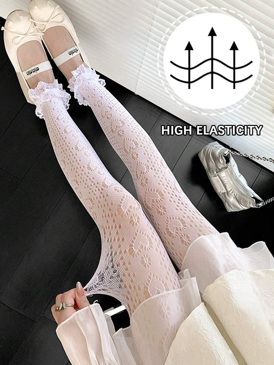 Lolita Spring/Summer Lightweight Heart & Polka Dot Lace Trim Cropped Tights, Sweet Girl Stockings - Multicolor - View 1