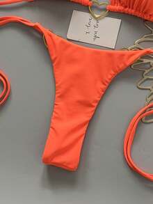 Conjunto de bikini y tanga triangular de unicolor con escote halter sexy para mujer, ideal para la playa en verano - Naranja - Ver 6