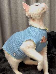 宠物罗纹针织无袖背心，可爱猫咪刺绣图案，透气宠物服装 - 藍色 - 查看 8