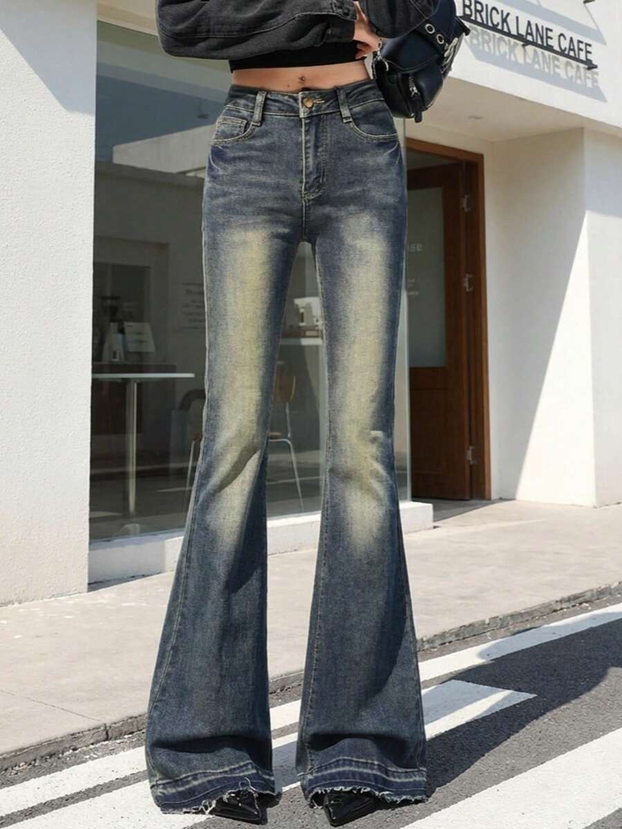 Jeans acampanados de cintura alta elástica con lavado casual para primavera - Neblina azul - Ver 1