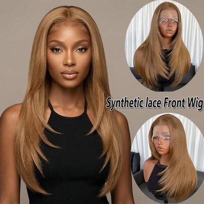 13x4 Kanekalon Futura Synthetic Fiber Lace Front Wig, 18 Inch Medium Length Wavy Bangs, No Glue Needed, Kanekalon Material, Durable Synthetic Fiber, Middle Part, 150% Density, Suitable For Daily Wear, Natural Hairline, No Glue Needed, Suitable For Fashion Women, Girls, Parties, Vacations, Performances, Makeup And Other Occasions