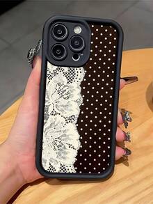 1pc Lace Polka Dot Pattern Black Sandstone Phone Case Compatible With IPhone 16/16 Pro/16 Plus/15/15 Pro Max/15 Pro/11/12/13/14 Pro Max/11 Pro/11 Pro Max/12 Pro/12 Pro Max/13 Pro/13 Pro Max/14 Pro/14 Pro Max/16 Pro Max/16/16 Pro/16 Plus, Minimalist Creative Soft Case - Multicolor - View 1